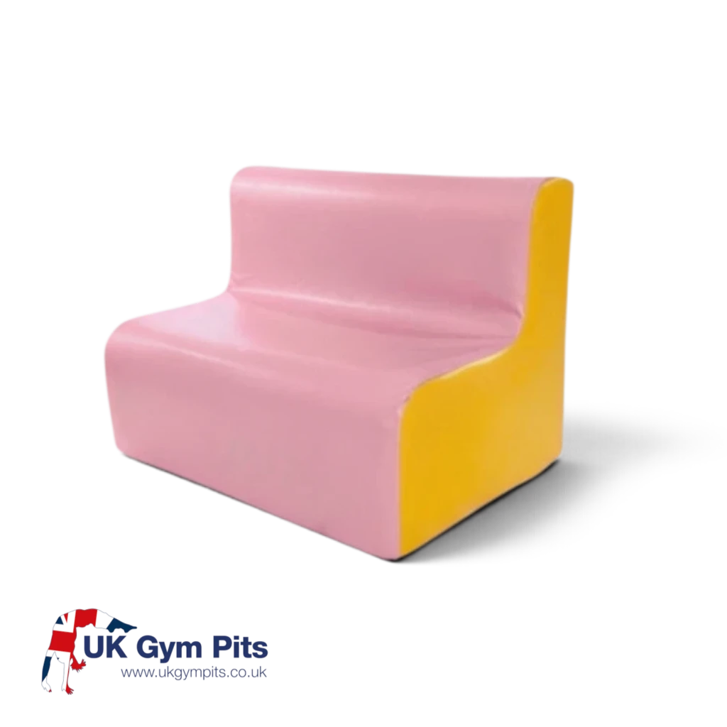 UK Gym Pits 2 seater soft play sofa in pink and yellow vinyl for schools and nurseries