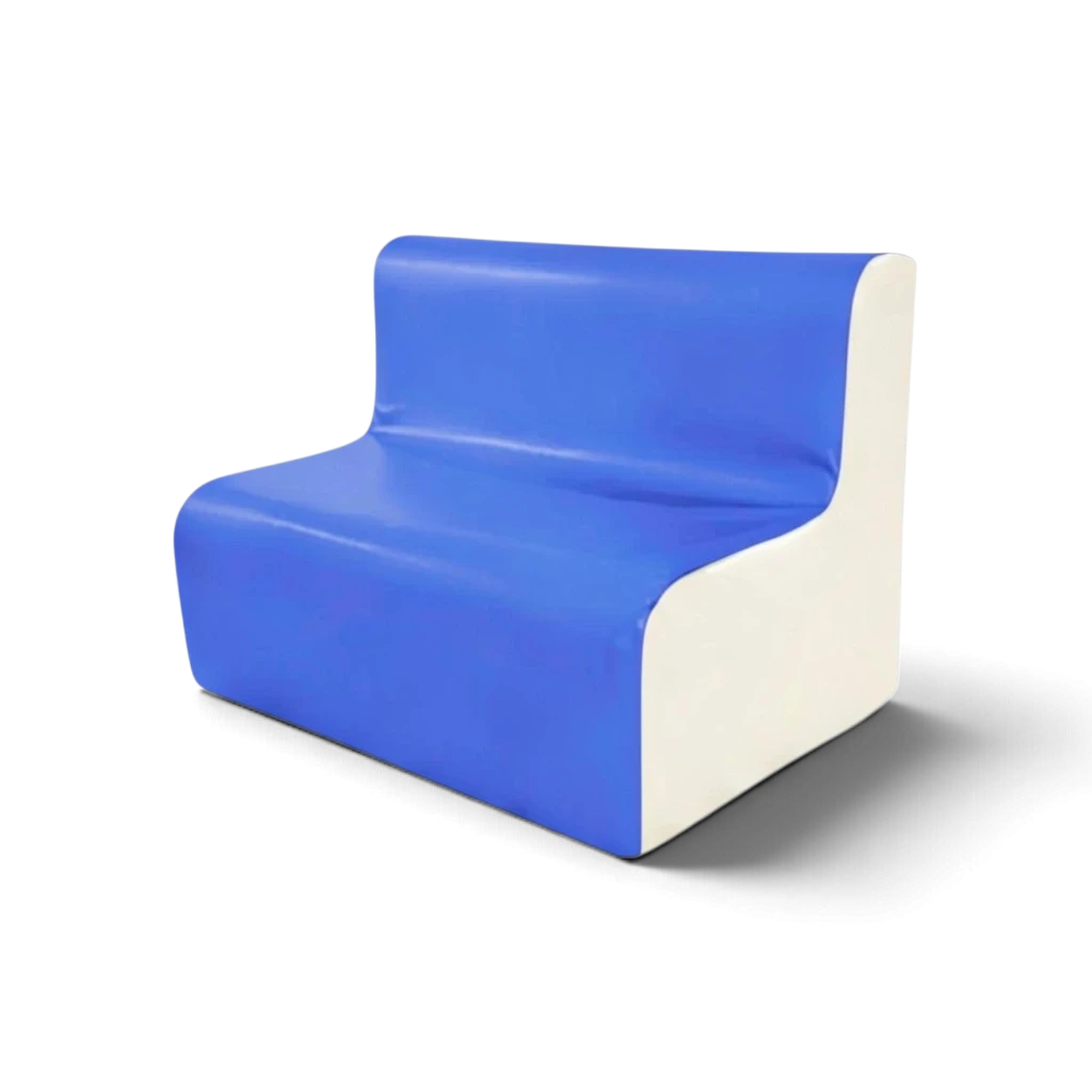 UK Gym Pits 2 seater soft play sofa in blue and white PVC foam for schools and nurseries