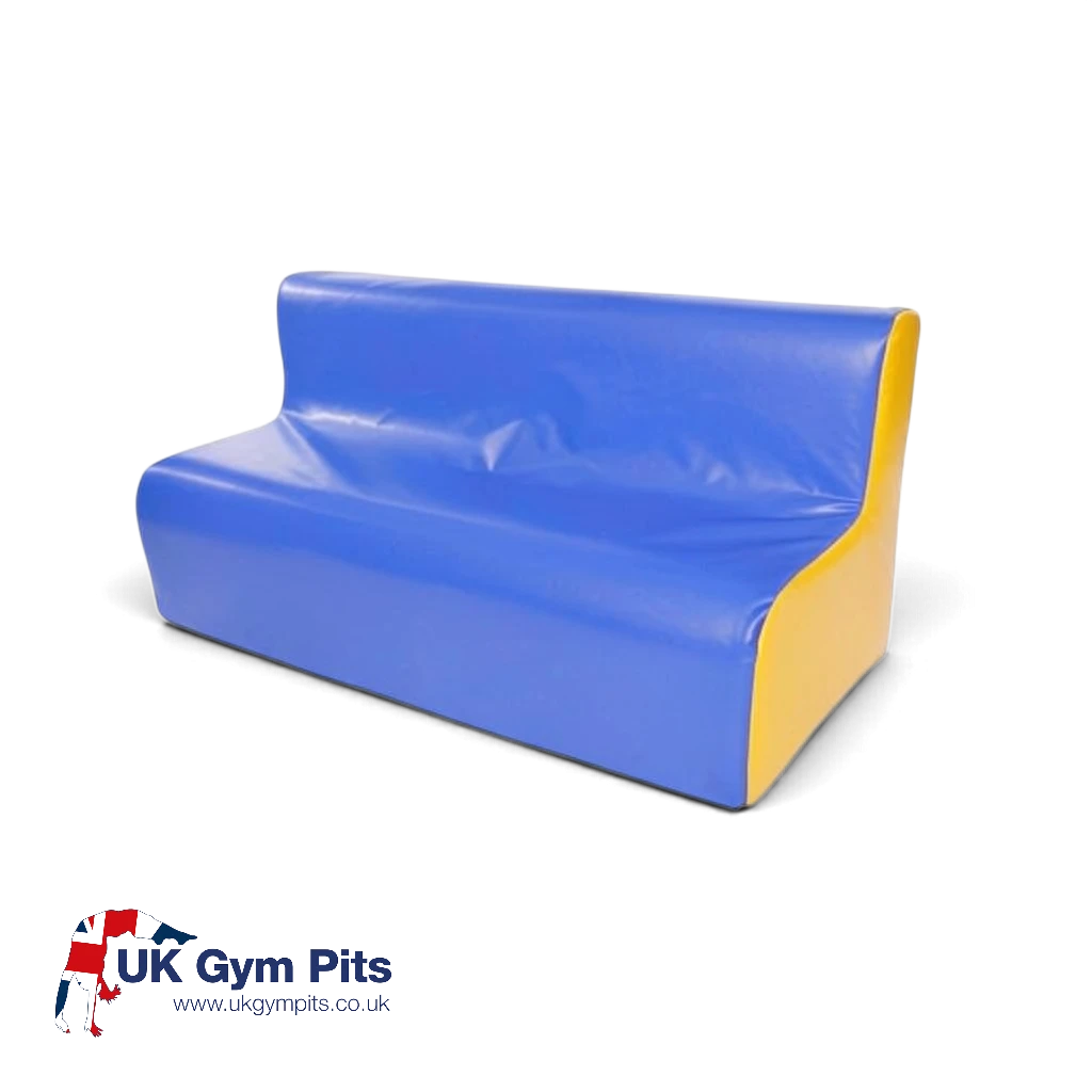 UK Gym Pits 3 seater soft play sofa in blue and yellow vinyl for schools and nurseries