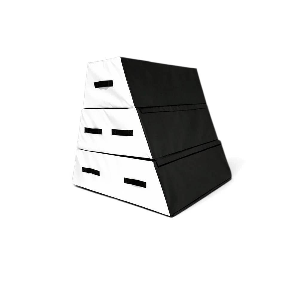 UK Gym Pits 3 section parkour vault box with black and white PVC finish, featuring carry handles and modular design.