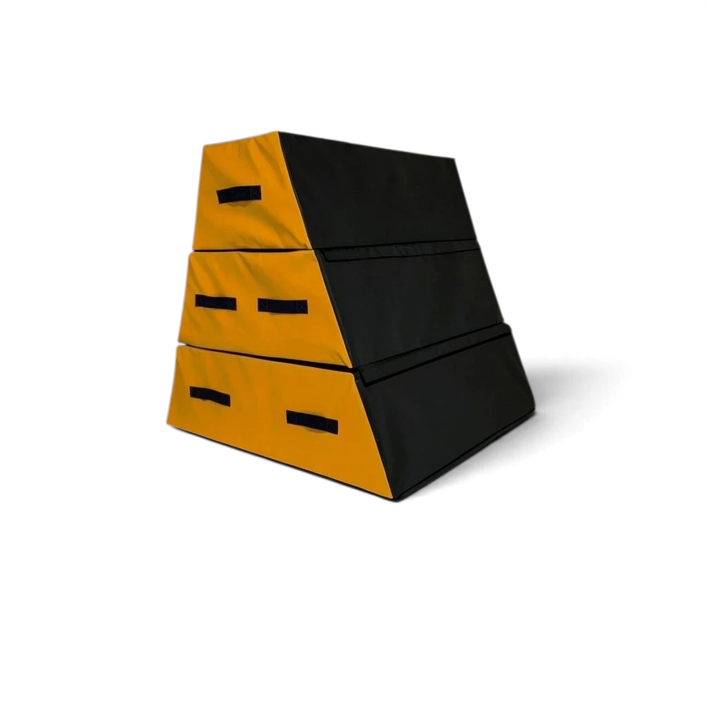 UK Gym Pits 3-section parkour vault box in black and yellow with carry handles and durable PVC surface.