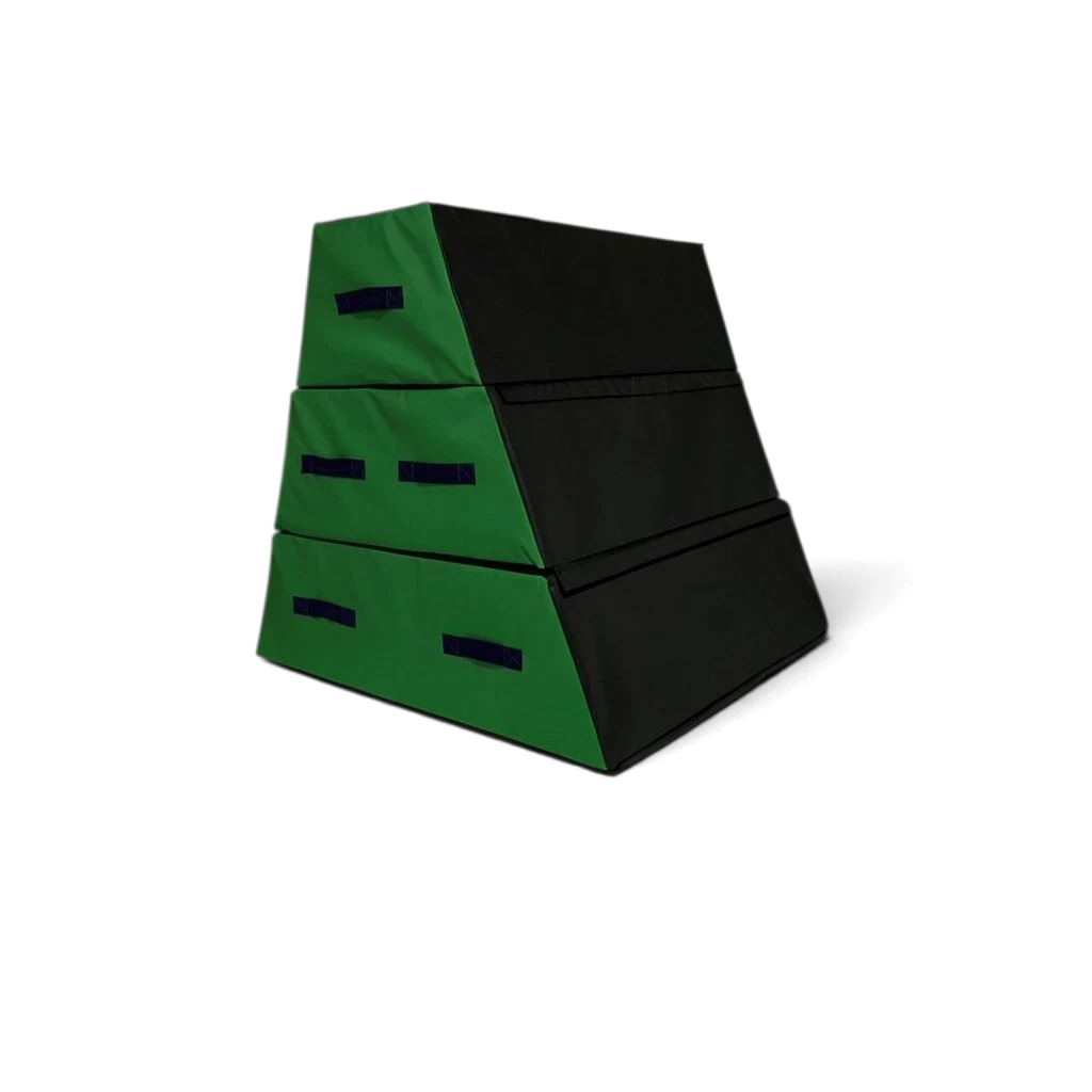UK Gym Pits 3 section parkour vault box in black and green with carry handles and durable PVC surface.
