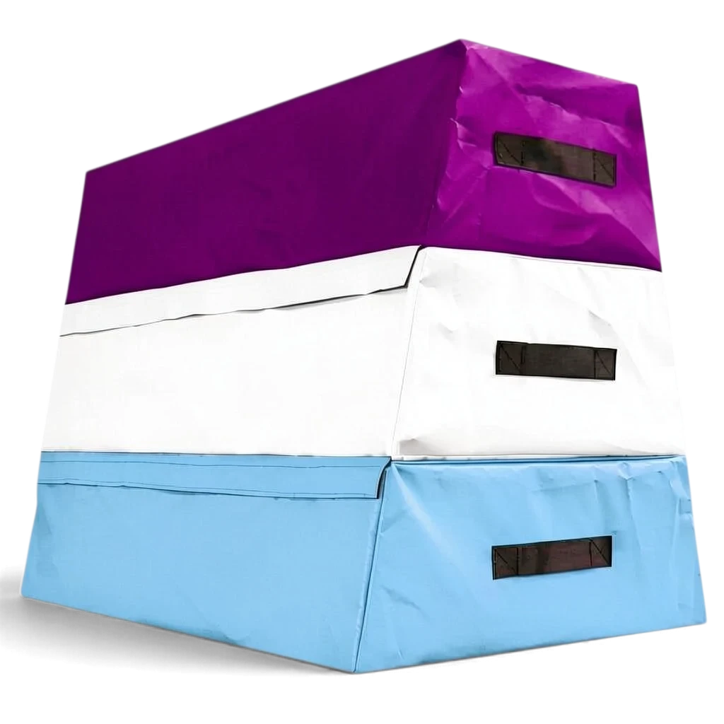 UK Gym Pits 3 tiered foam vault box in purple, white, and light blue with carrying handles and Velcro connectors.