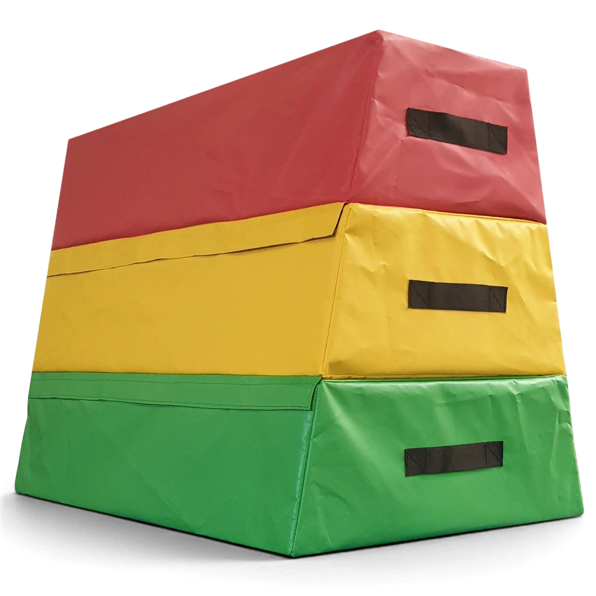 UK Gym Pits 3 tiered foam vault box in red, yellow, and green vinyl with black carrying handles and Velcro flaps.