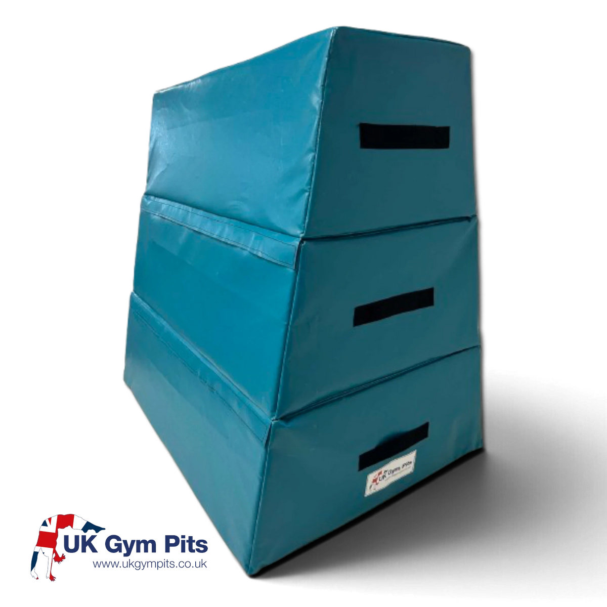 UK Gym Pits 3 tiered foam vault box in teal vinyl for gymnastics training with anti-slip base and carry handles