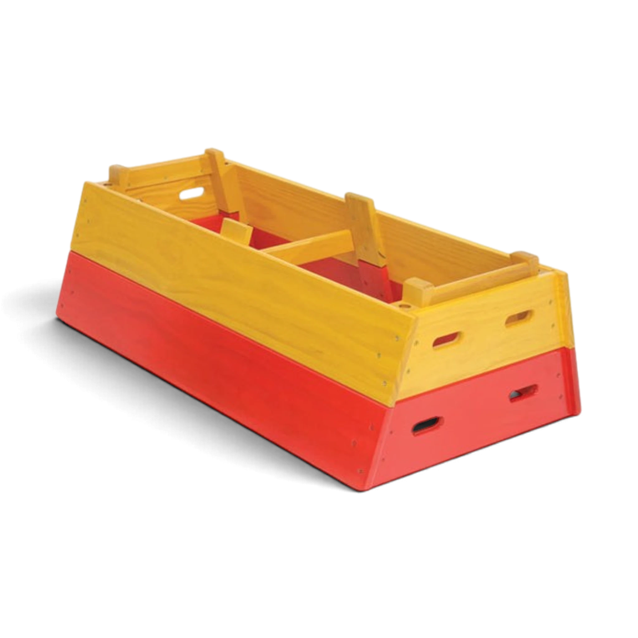 UK Gym Pits 3-tiered timber gymnastics vault box with red and yellow stackable sections and integrated handholds