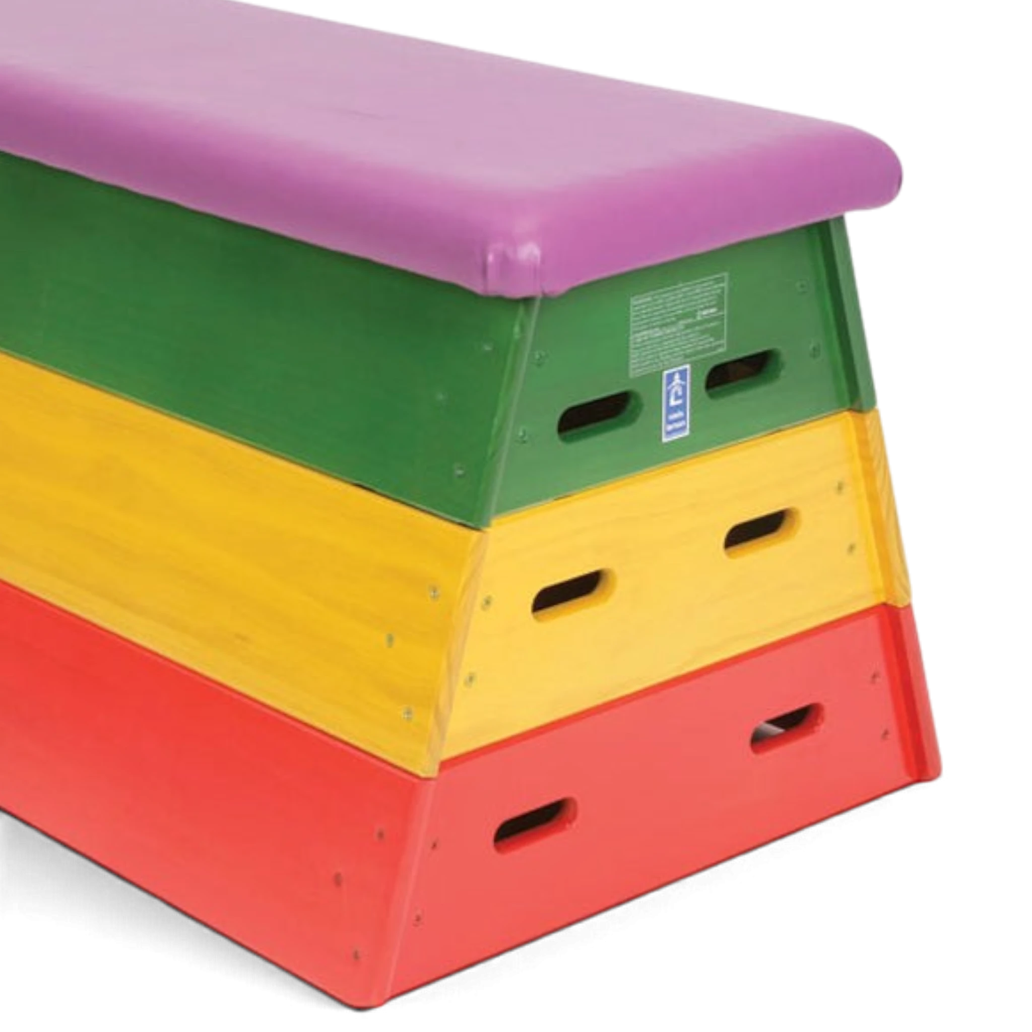 UK Gym Pits 3 tiered timber gymnastics vault box with purple padded top and red, yellow, and green stackable sections.