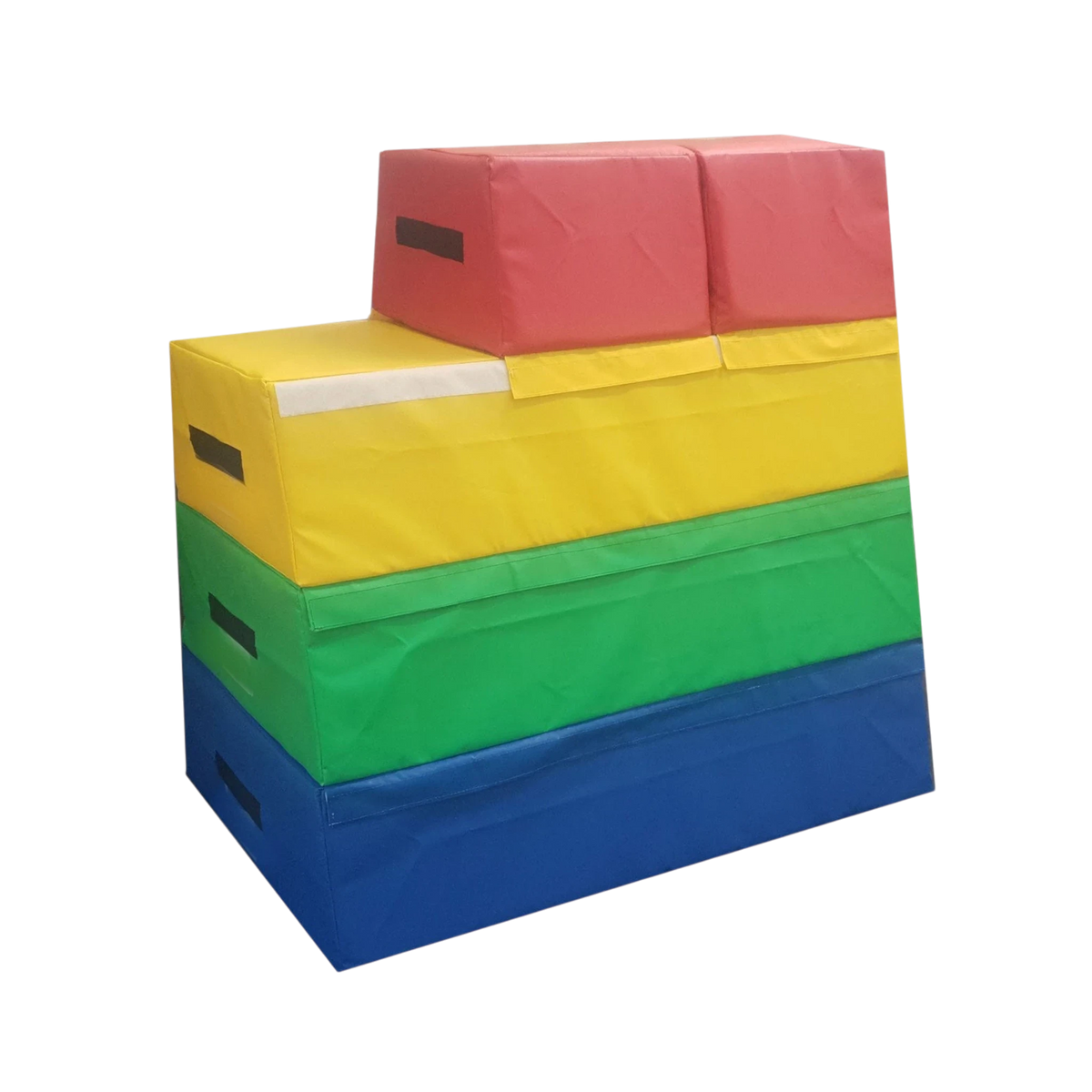 UK Gym Pits 4 tiered multi-coloured foam vault box with a triple top section for gymnastics training.