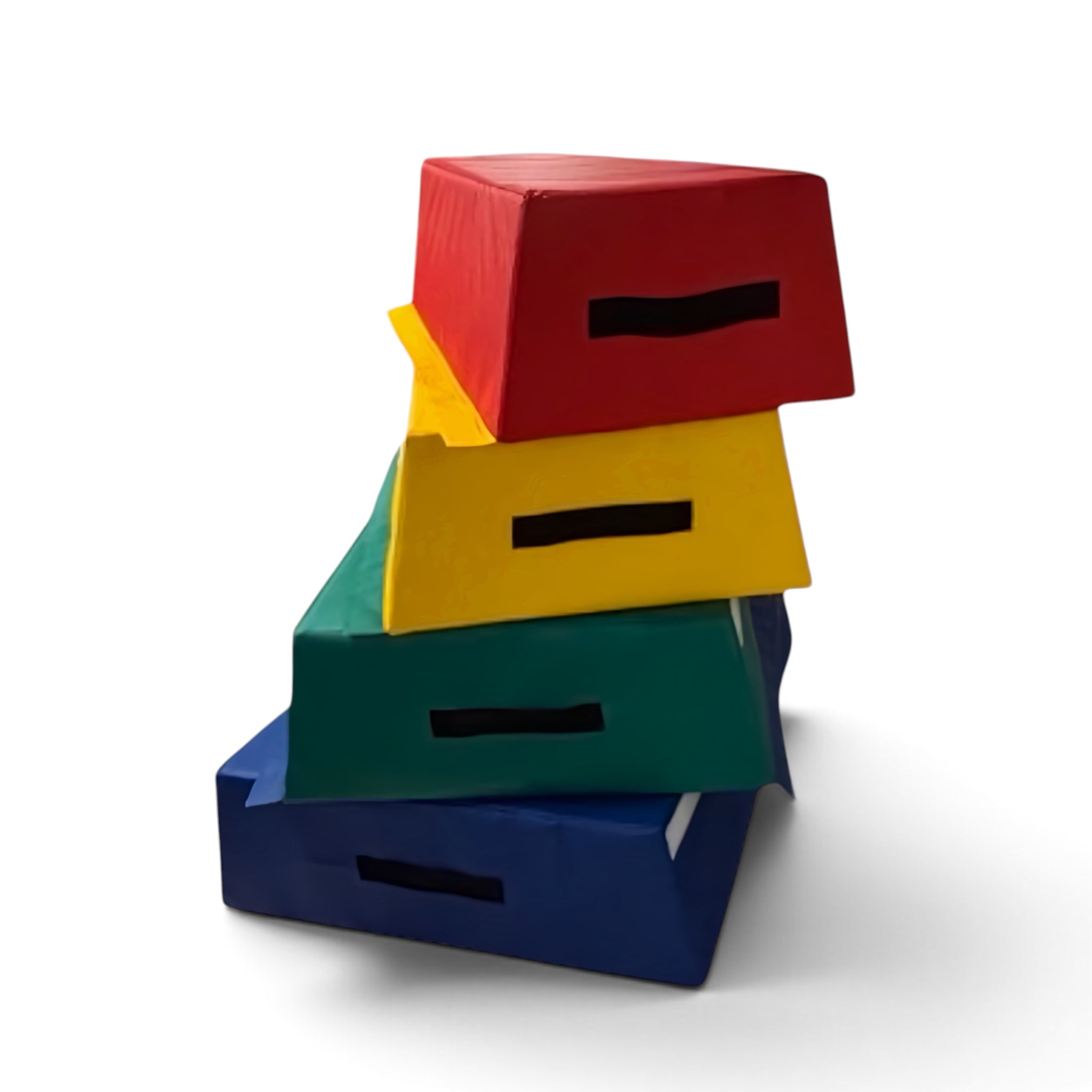 UK Gym Pits 4 tiered foam vault box for gymnastics training, featuring stackable multi-coloured PVC sections.