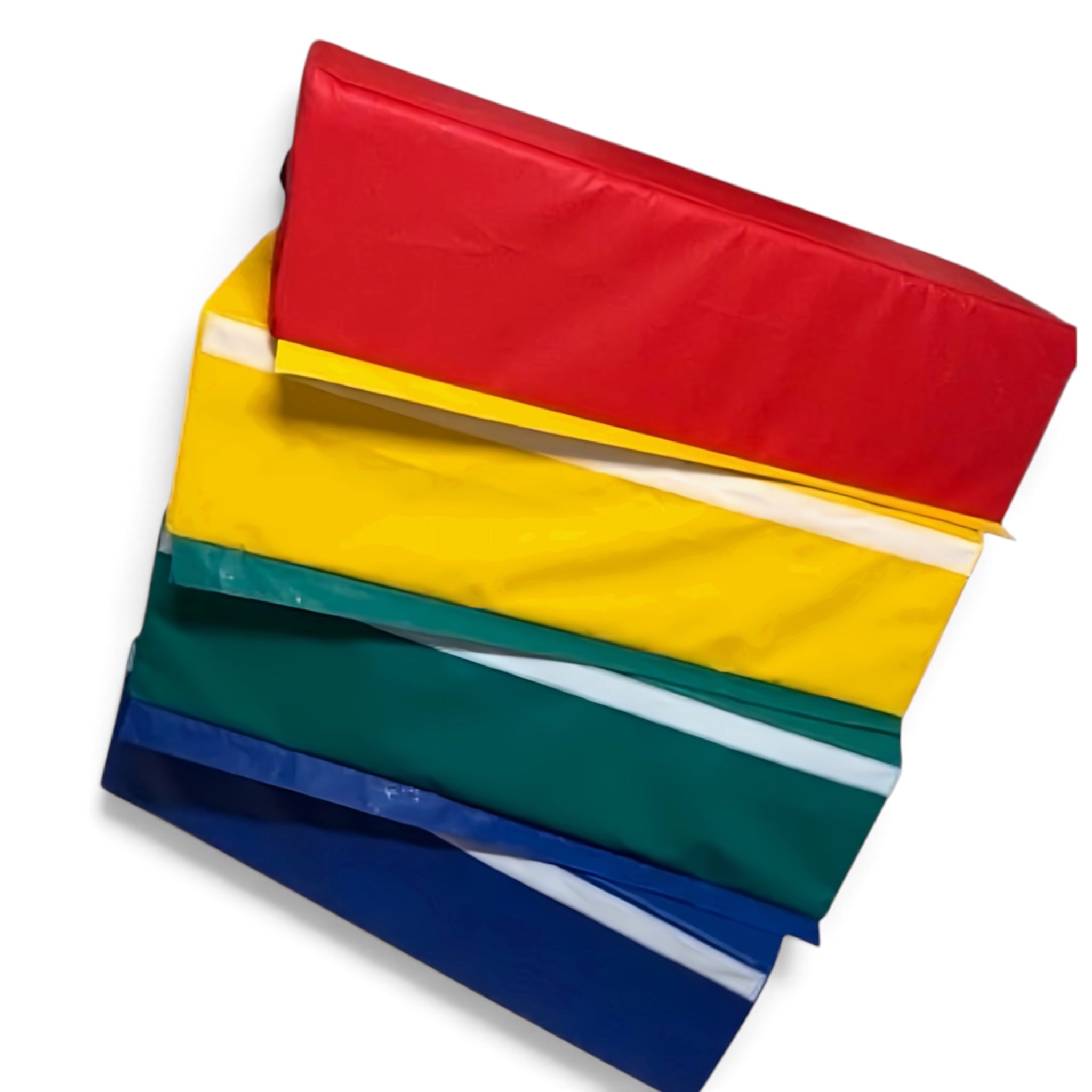 UK Gym Pits 4-tiered foam vault box with stackable red, yellow, green, and blue PVC sections for gymnastics training.