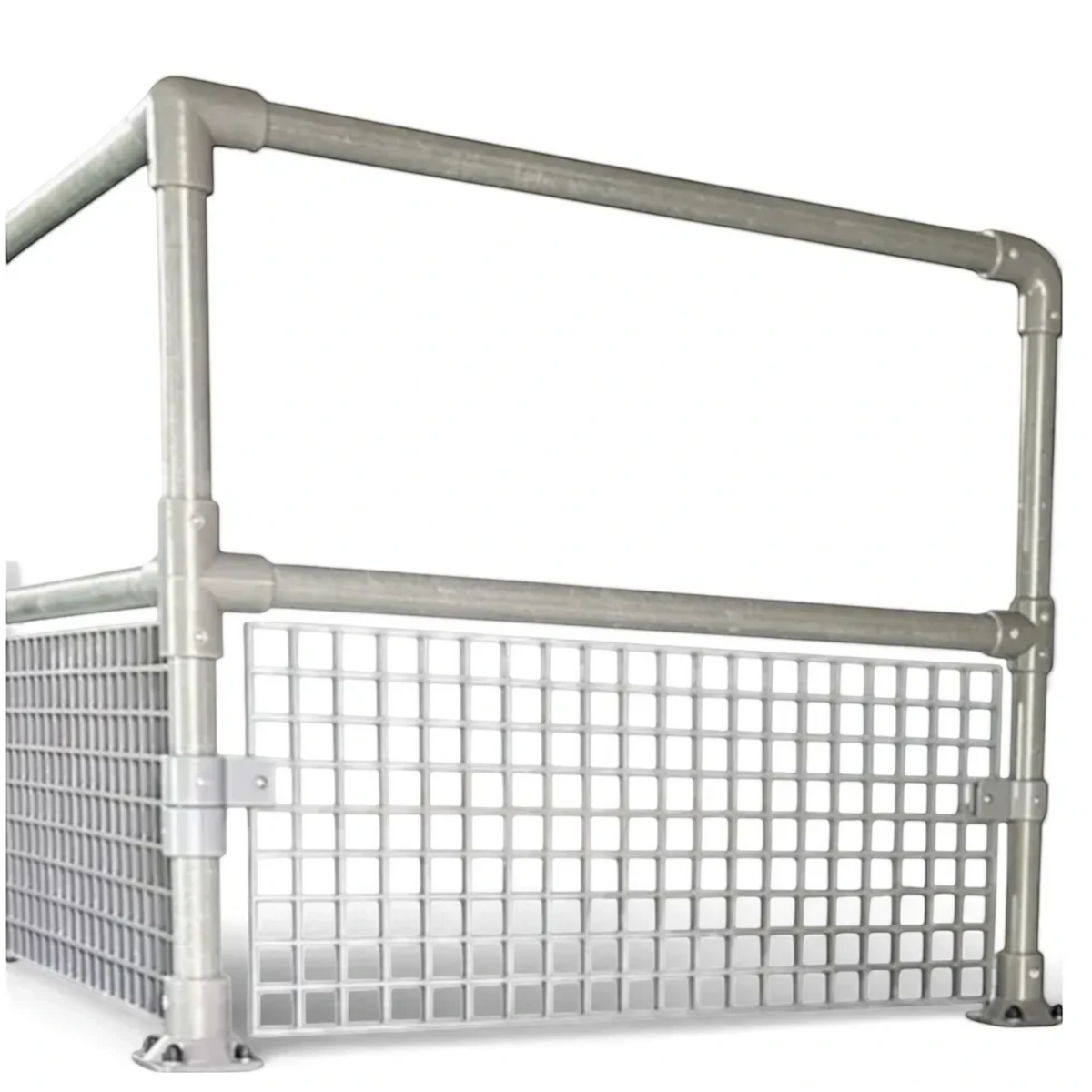 UK Gym Pits 4 way middle corner connector for GRP handrail systems in grey, featuring a durable reinforced design.