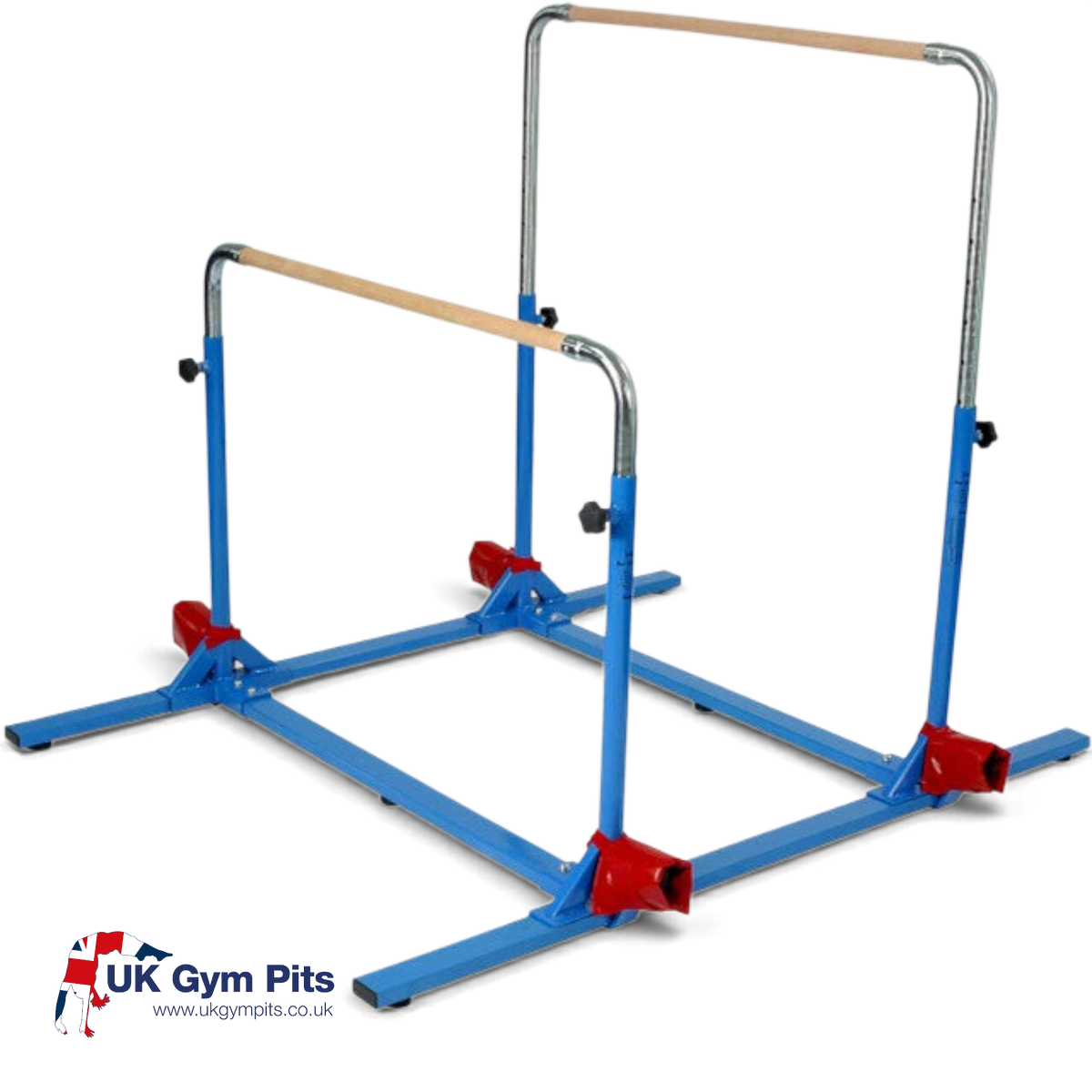 UK Gym Pits 5 in 1 bar system with blue steel frame and adjustable solid maple wood bars for gymnastics training