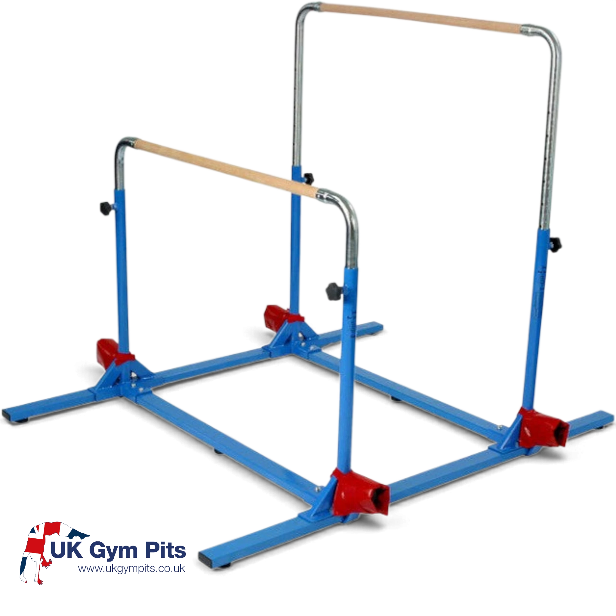 UK Gym Pits 5 in 1 bar system with adjustable blue steel frame and solid maple wood bars for gymnastics training