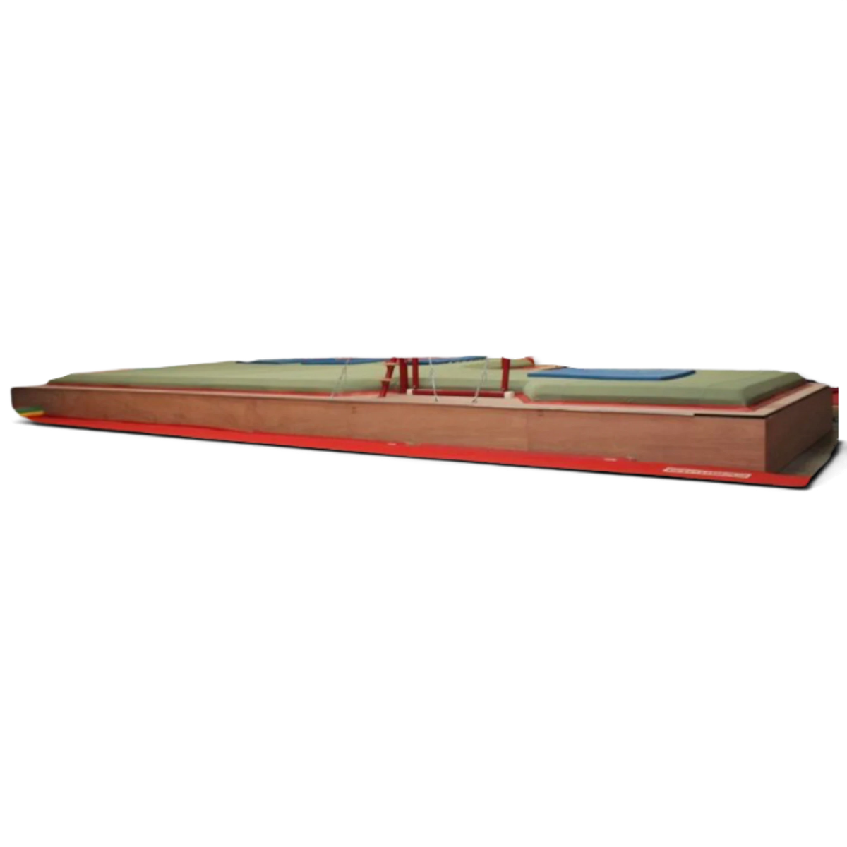 UK Gym Pits 60cm raised gymnastics landing pit with green resi-foam top and red wooden frame base