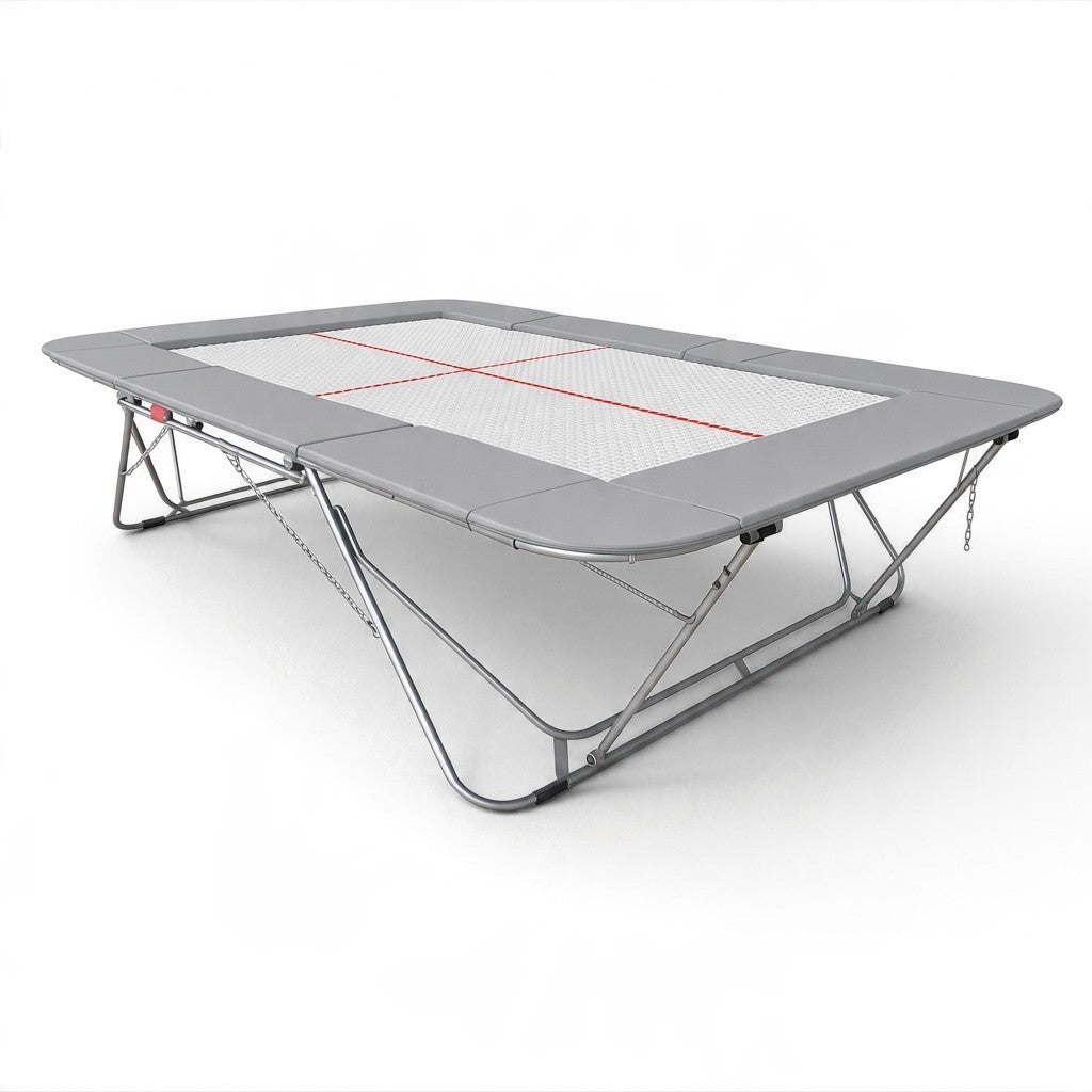 UK Gym Pits 77a standard competition trampoline with a 13mm web bed and grey protective frame pads