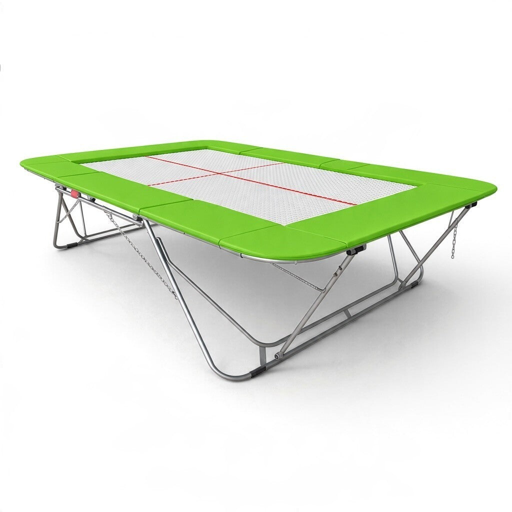 UK Gym Pits 77a standard competition trampoline with a 13mm web bed and bright green protective frame pads.