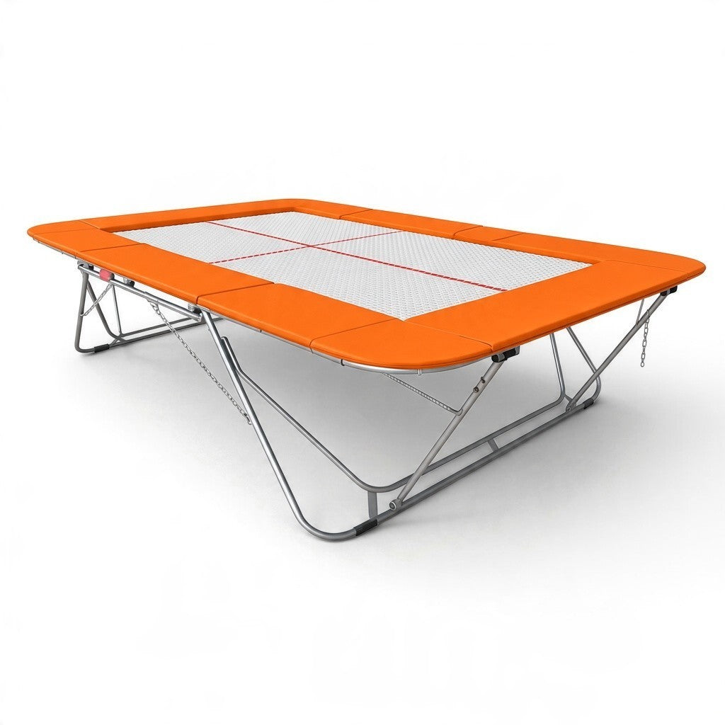 UK Gym Pits 77a standard competition trampoline with a 13mm web bed and bright orange protective frame pads
