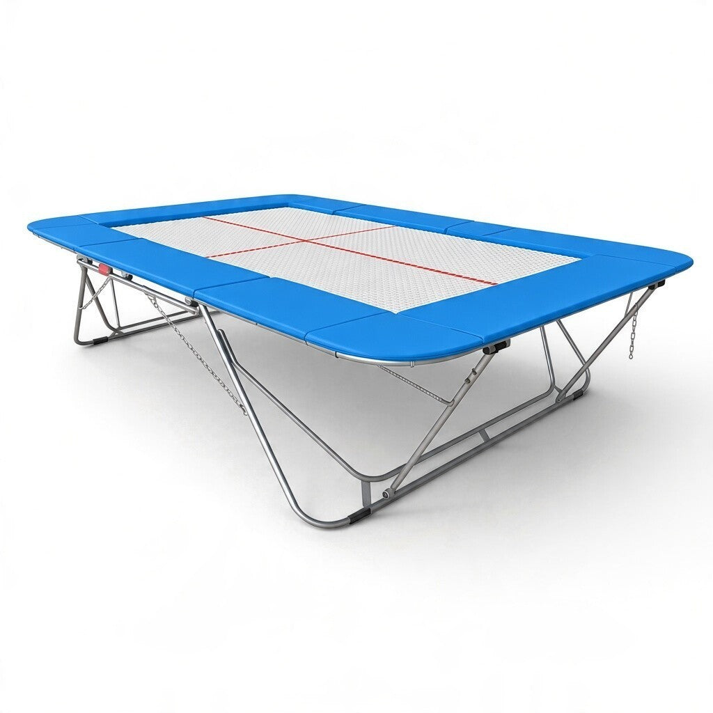 UK Gym Pits 77a standard competition trampoline with a white 13mm web bed and blue protective frame pads.