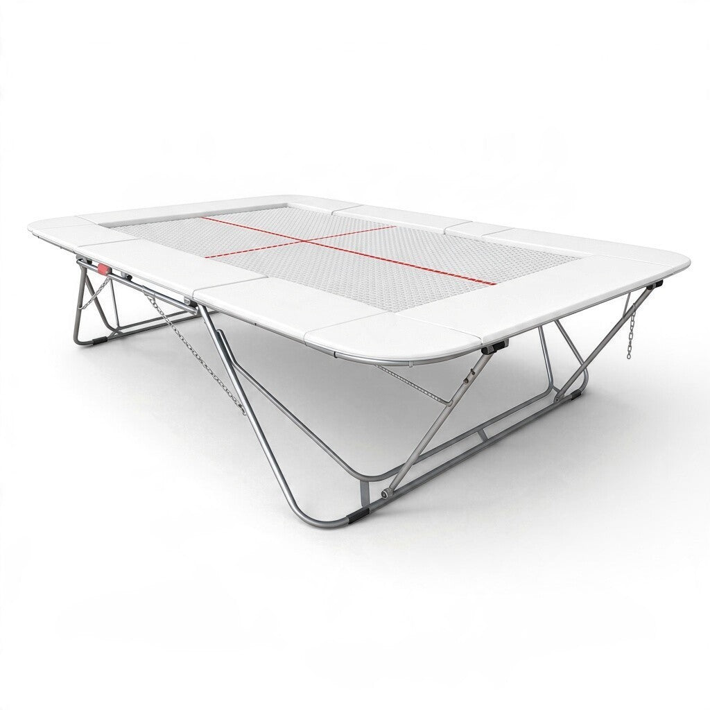 UK Gym Pits 77a standard competition trampoline with a 13mm web bed and white protective frame pads on a white background