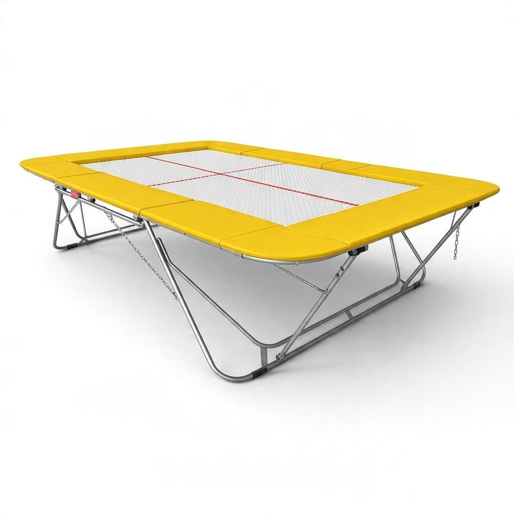 UK Gym Pits 77a standard trampoline with a 13mm web bed and bright yellow safety frame pads on a white background