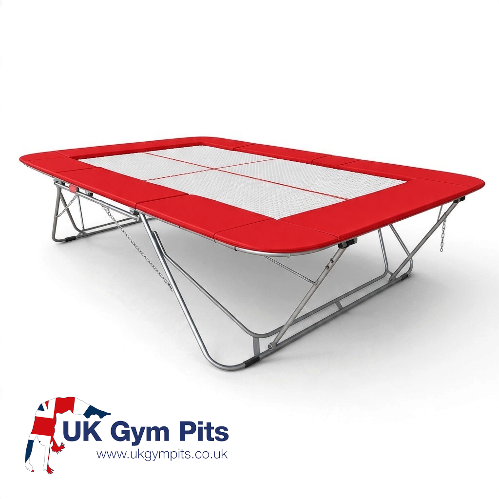 UK Gym Pits 77a standard competition trampoline with a white 13mm web bed and bright red protective frame pads