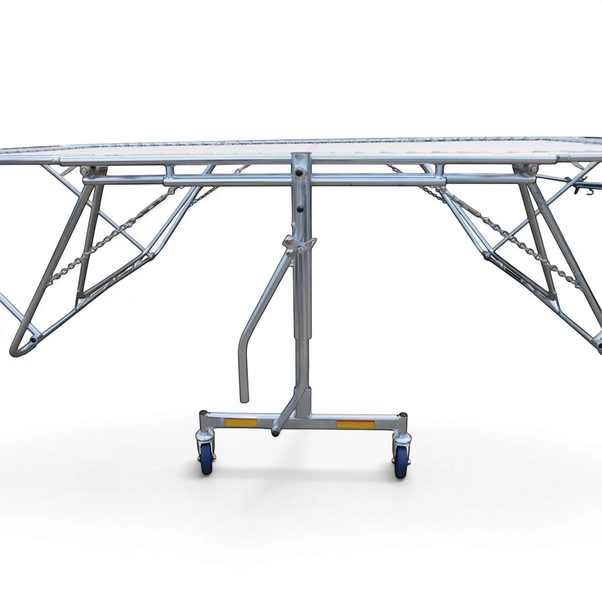 UK Gym Pits 77a standard trampoline with a 25mm web bed and lift/lower roller stand for gym and competition use.