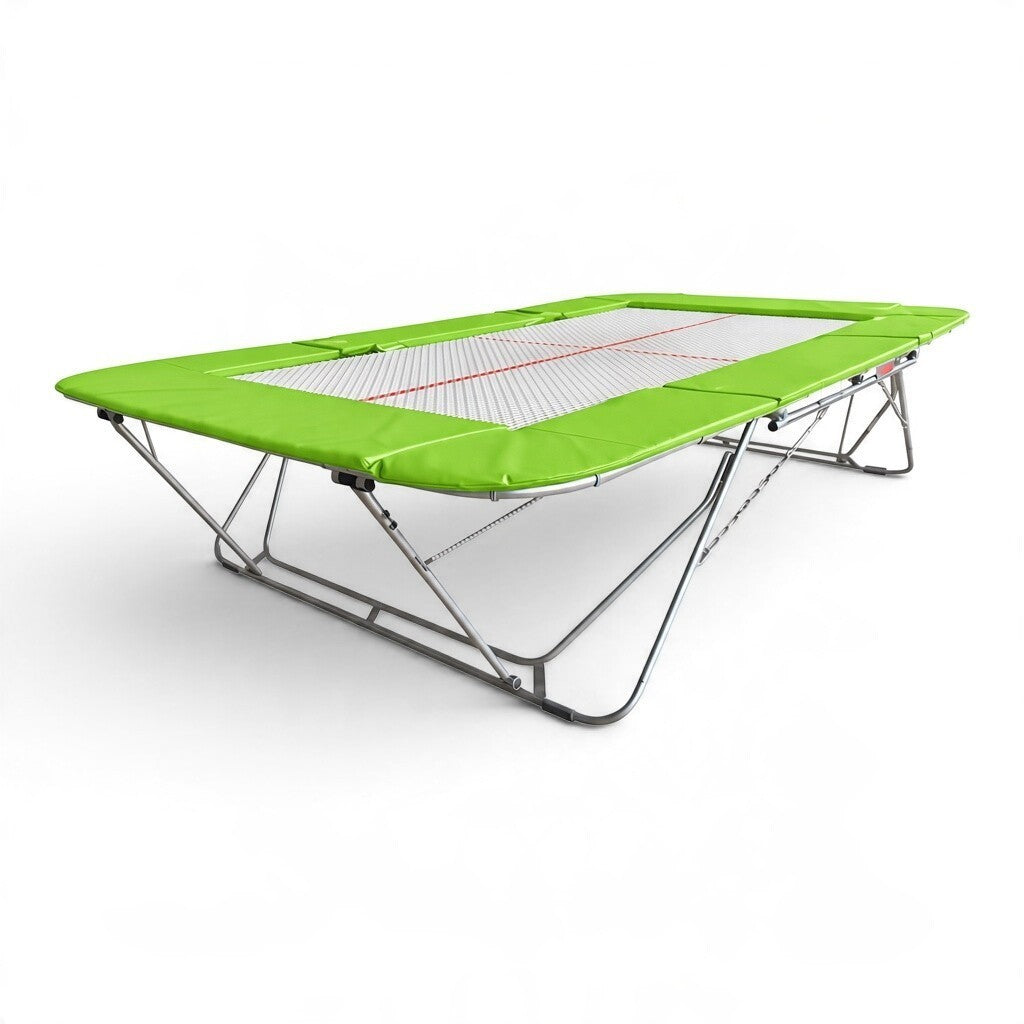 UK Gym Pits 77a standard trampoline with a 25mm web bed and bright green protective frame pads