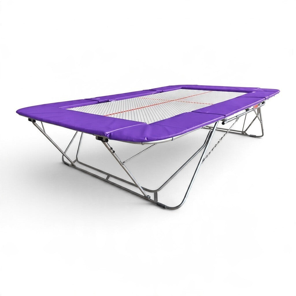 UK Gym Pits 77a standard competition trampoline with a 25mm web bed and purple protective frame pads