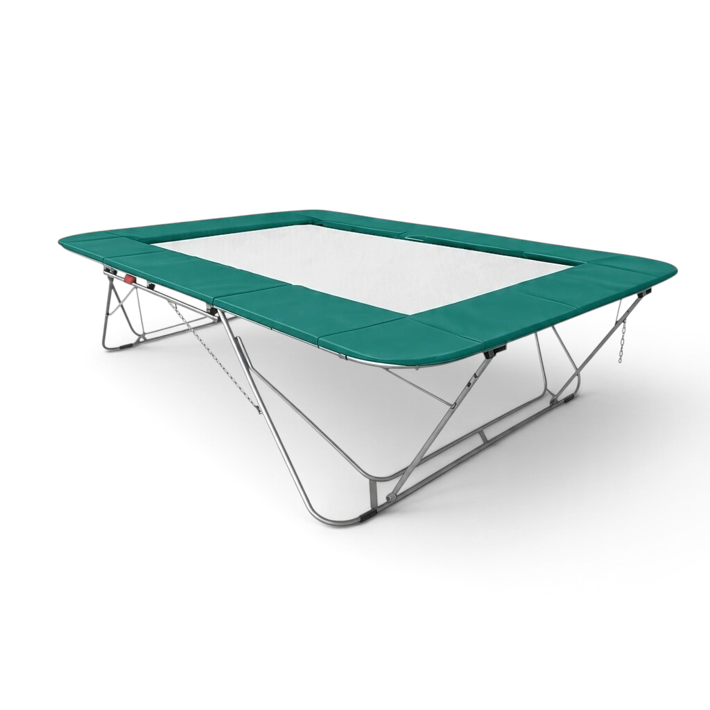 UK Gym Pits 77a standard trampoline with a white super-mesh bed and green protective frame pads for gym use