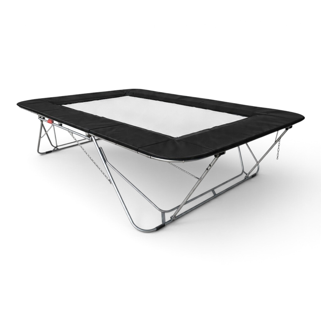 UK Gym Pits 77a standard trampoline with a white super-mesh bed and black protective frame pads on a metal frame