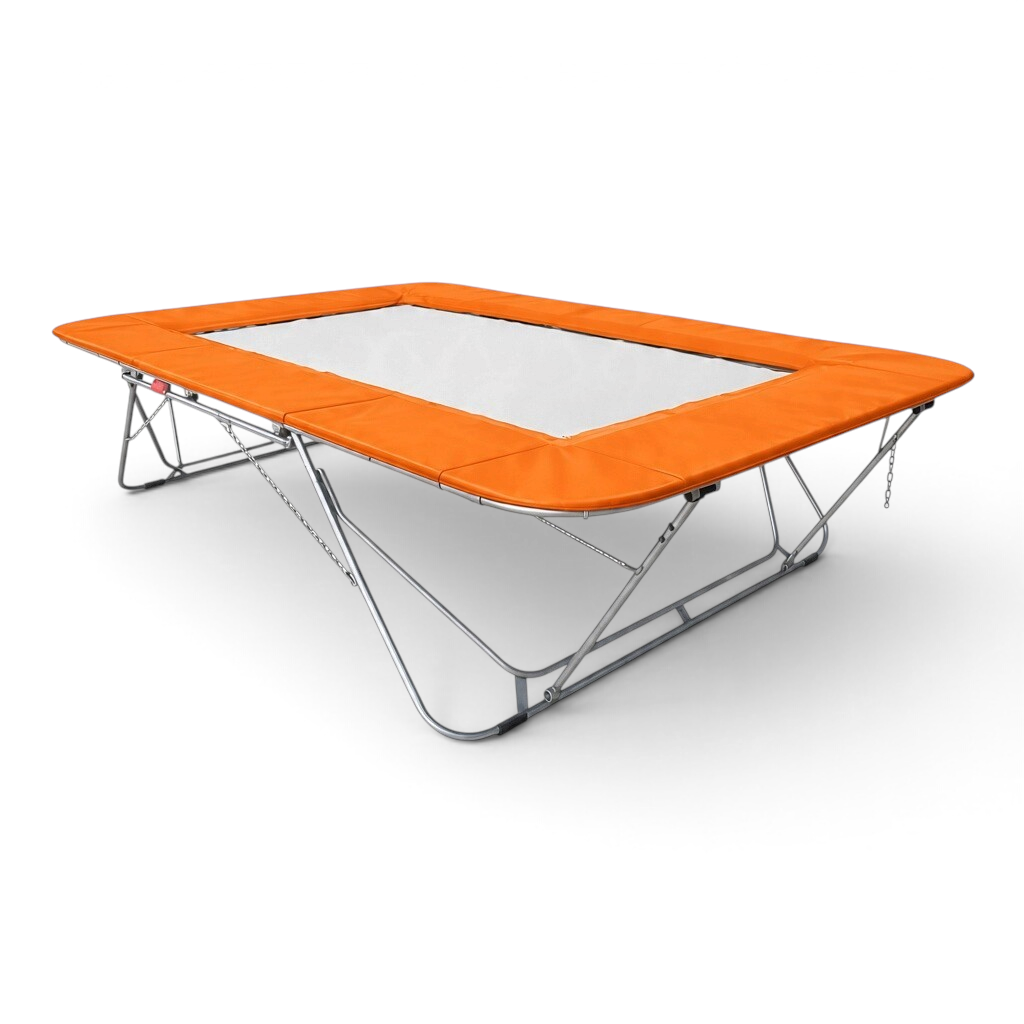 UK Gym Pits 77a standard trampoline with a white super-mesh bed and bright orange protective frame pads