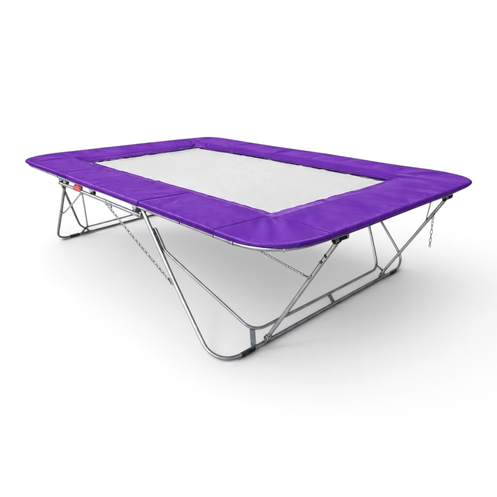 UK Gym Pits 77a standard trampoline with a white super-mesh bed and purple protective frame pads on a steel frame