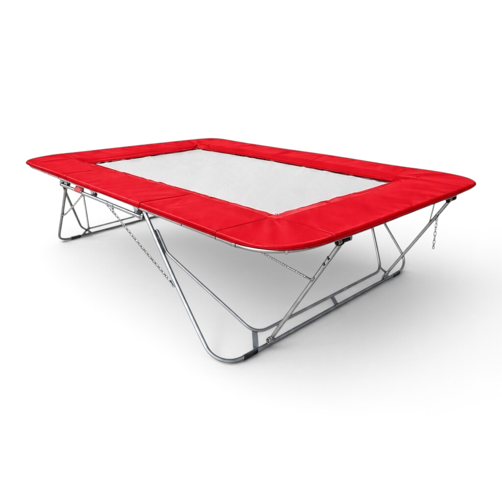 UK Gym Pits 77a standard trampoline with a white super-mesh bed and red protective frame pads on a steel frame