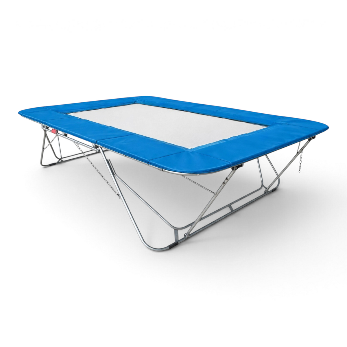 UK Gym Pits 77a standard trampoline with a white super-mesh bed and blue protective frame pads on a steel frame