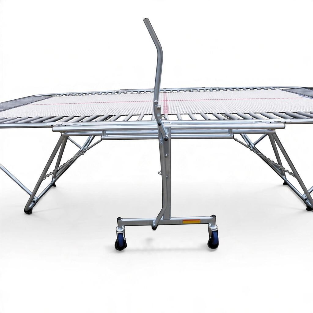 UK Gym Pits 77a standard trampoline with a white super-mesh bed and steel frame on lift and lower roller stands