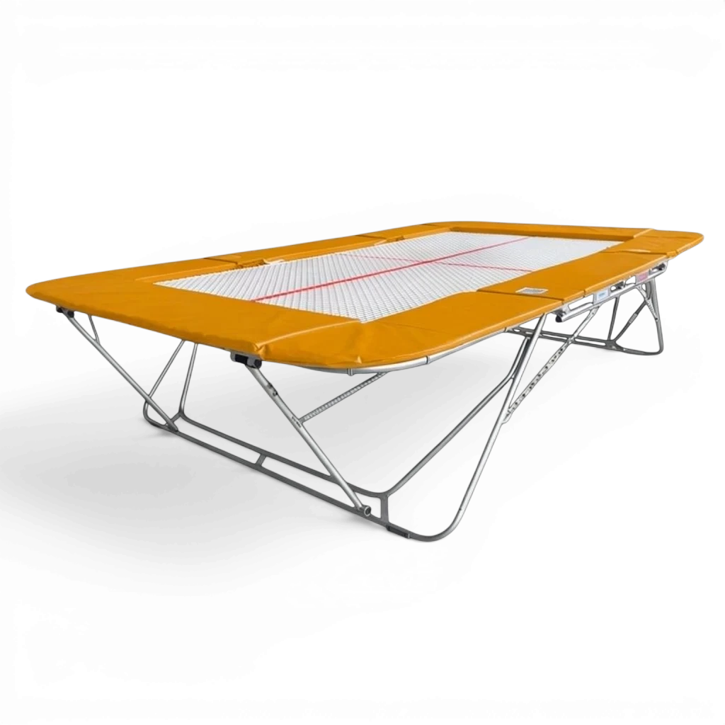 UK Gym Pits 77a standard competition trampoline with a white 13mm web bed and yellow protective frame pads.