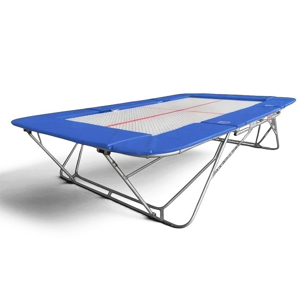 UK Gym Pits 77a standard trampoline with blue frame pads and a white super-mesh bed for gymnastics training