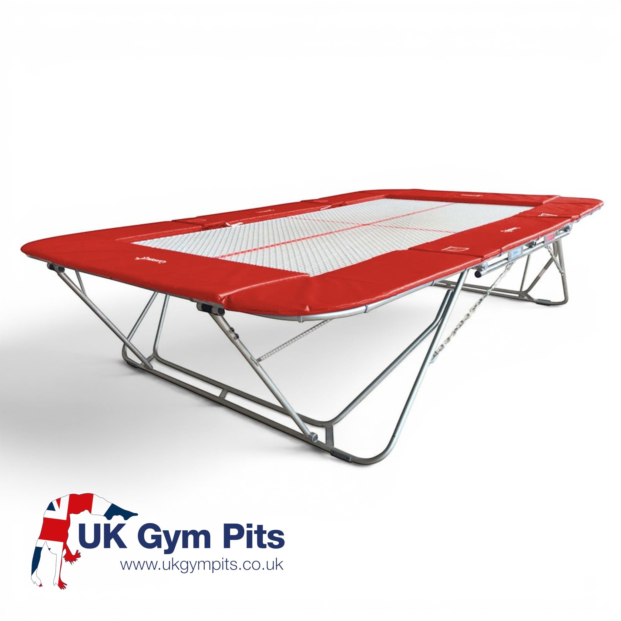 UK Gym Pits 77a standard competition trampoline with a 13mm web bed and protective red frame pads.