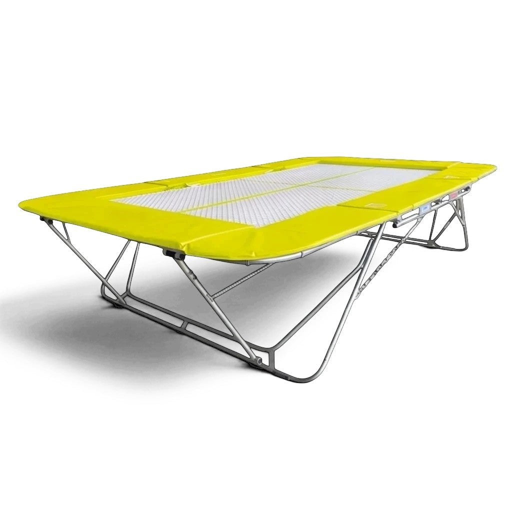 UK Gym Pits 77a standard trampoline with a white super-mesh bed and bright yellow protective frame pads