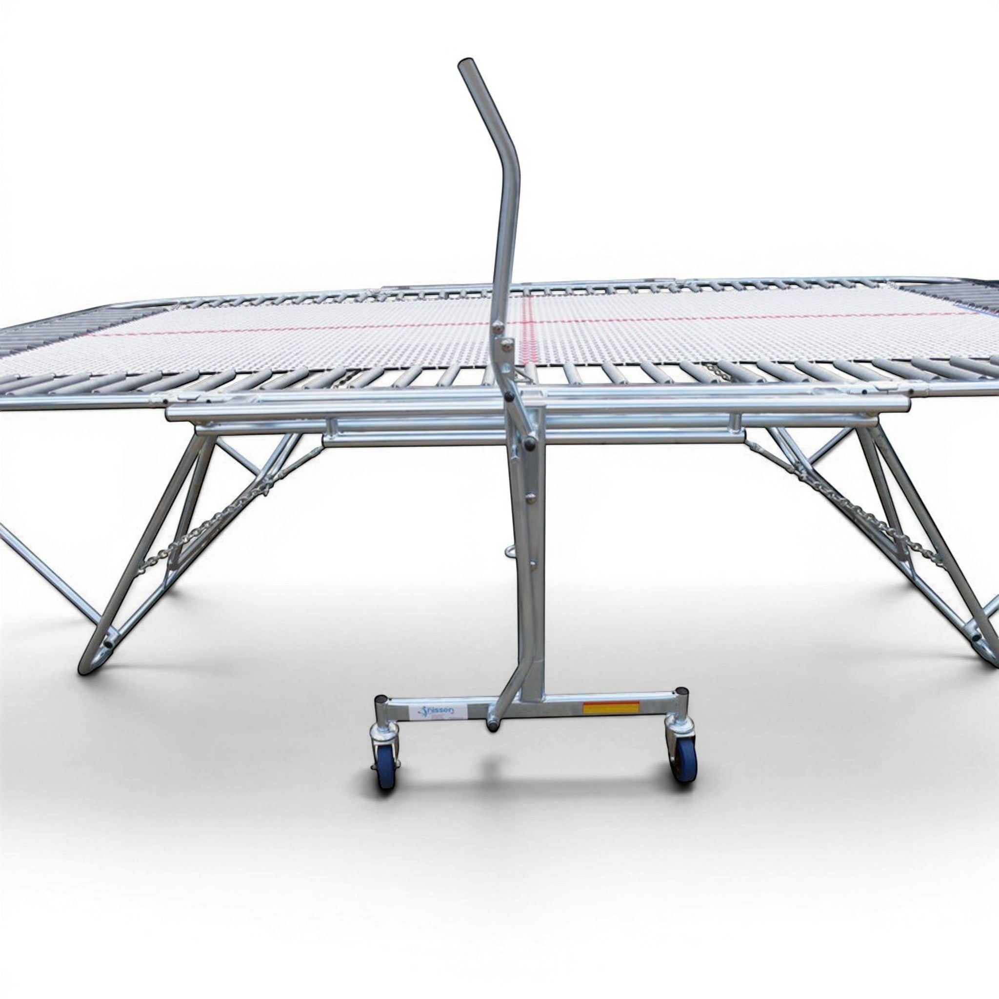 UK Gym Pits 77a standard competition trampoline with a 25mm web bed and lift/lower roller stand
