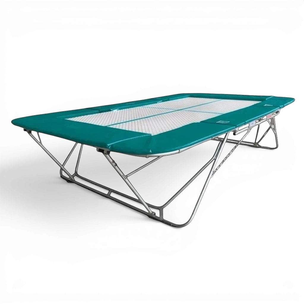 UK Gym Pits 77a standard trampoline with a white super-mesh bed and teal protective frame pads on a metal frame