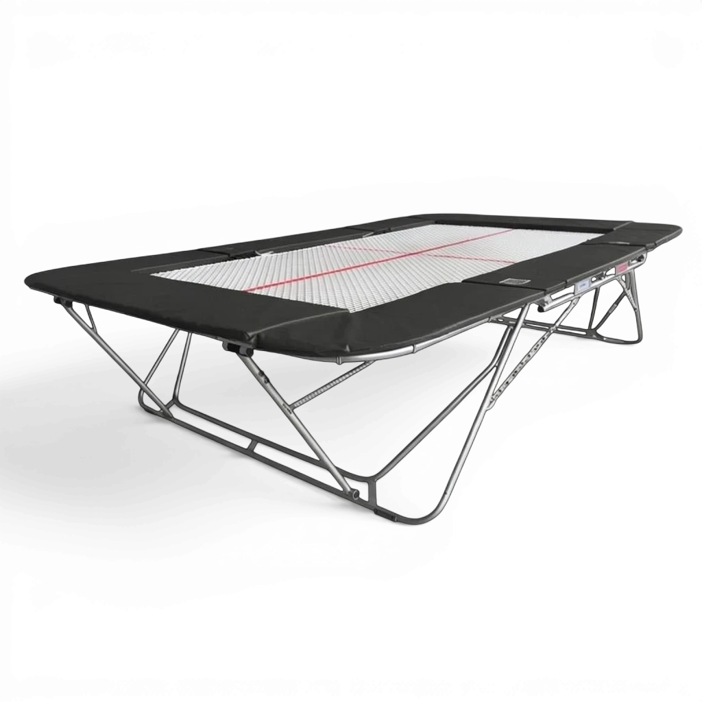 UK Gym Pits 77a standard competition trampoline with a 13mm web bed and black protective frame padding