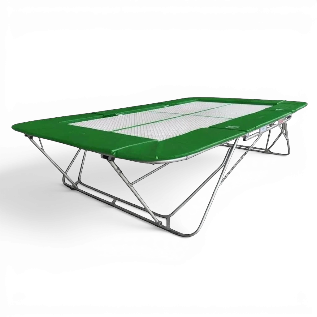 UK Gym Pits 77a standard competition trampoline with a white super-mesh bed and green protective frame pads