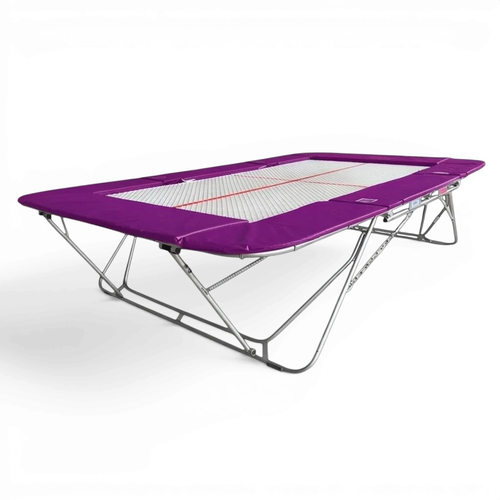 UK Gym Pits 77a standard competition trampoline with a 13mm web bed and purple protective frame pads