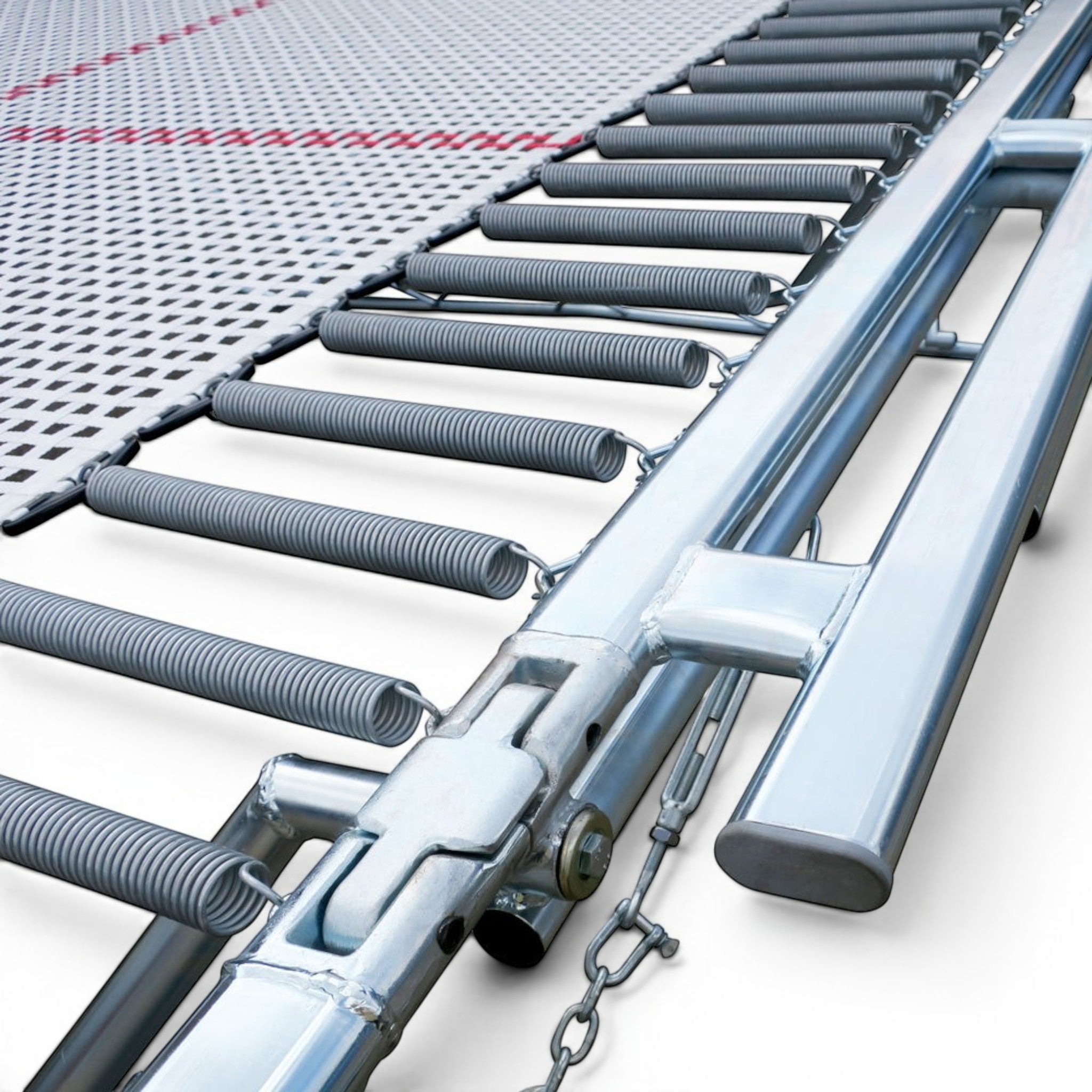 UK Gym Pits 77a standard trampoline showing the 13mm web bed, high tensile steel springs, and sturdy metal frame