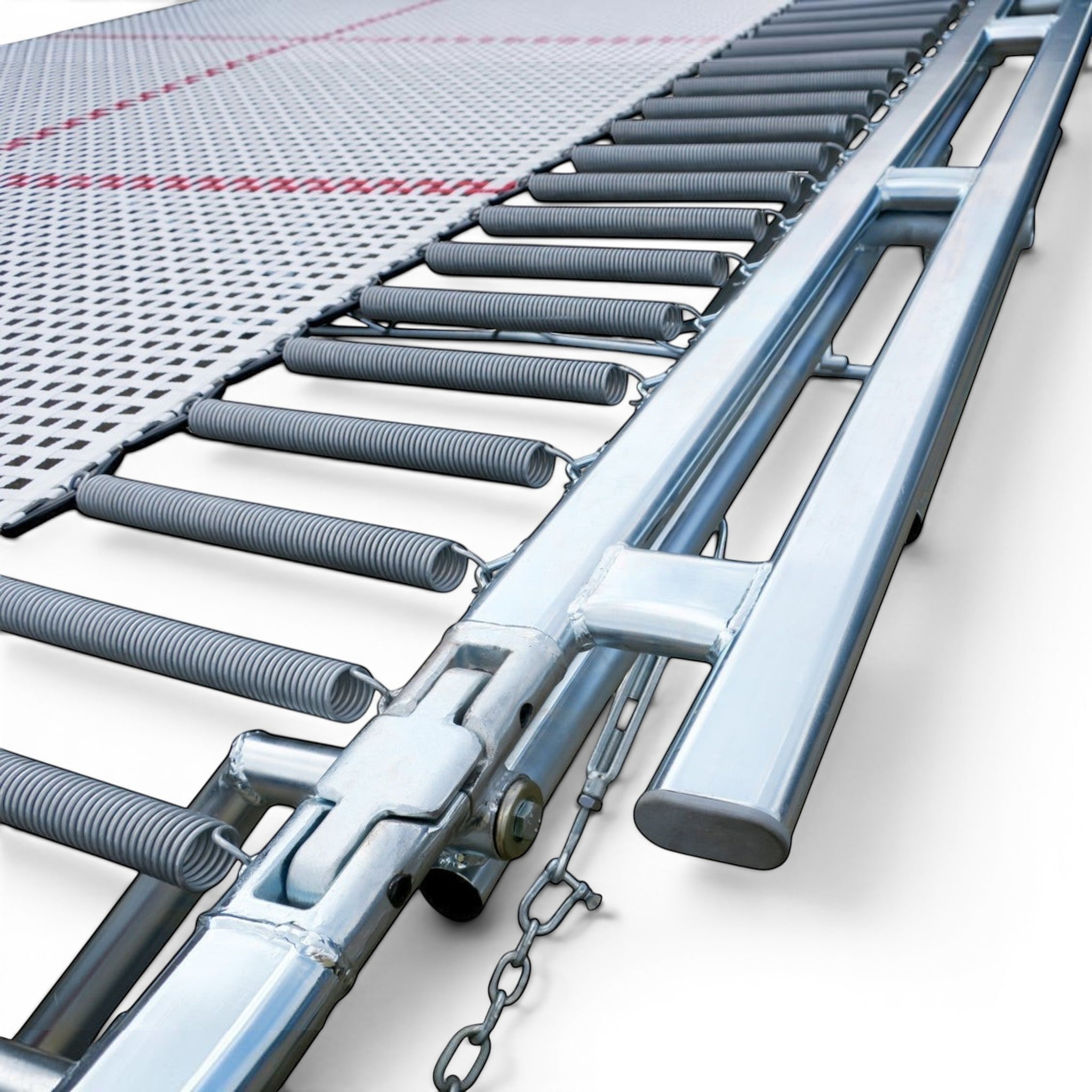UK Gym Pits 77a standard trampoline featuring a 25mm web bed and high tensile steel springs on a metal frame