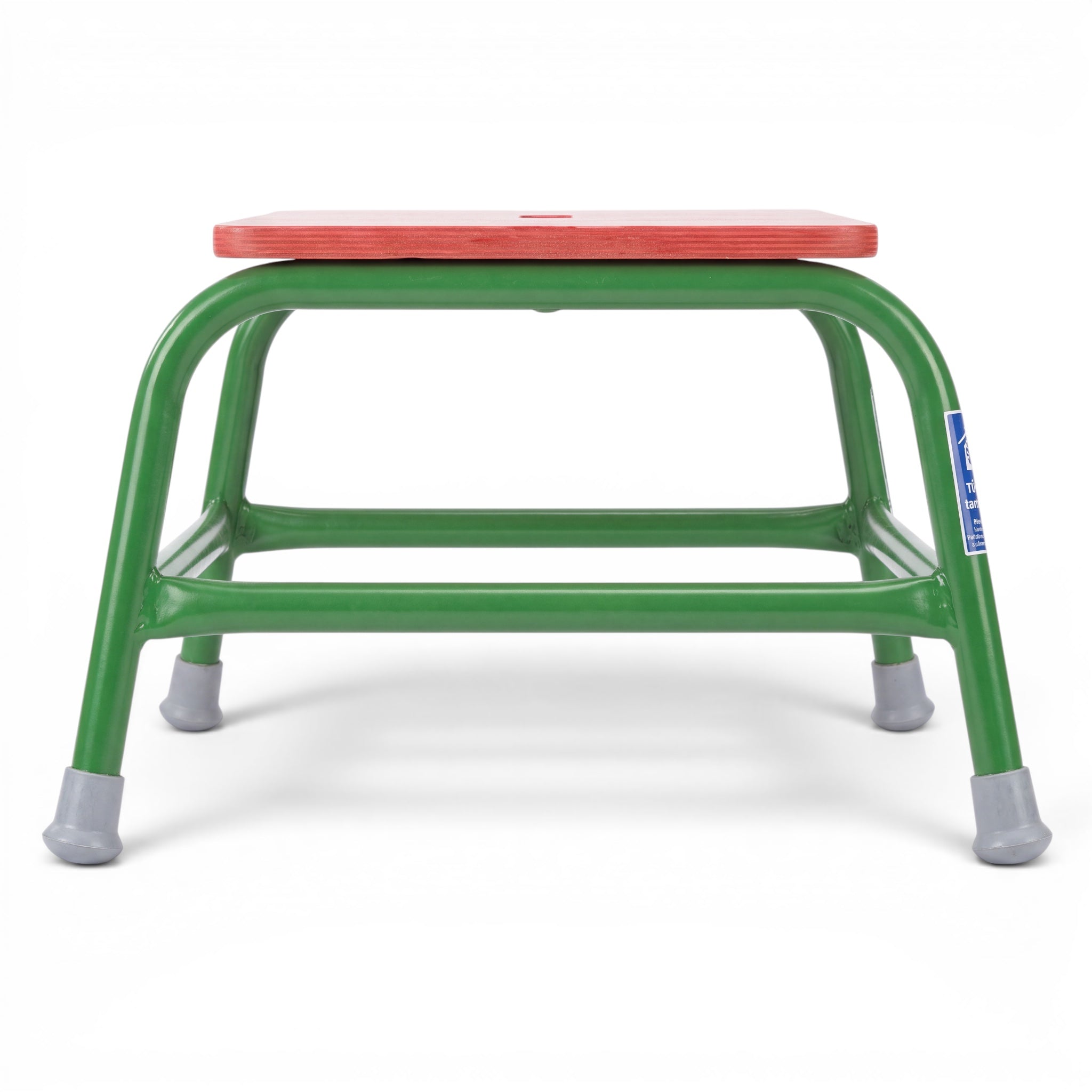 UK Gym Pits activ agility stool with a red timber top and green powder coated tubular steel frame on a white background