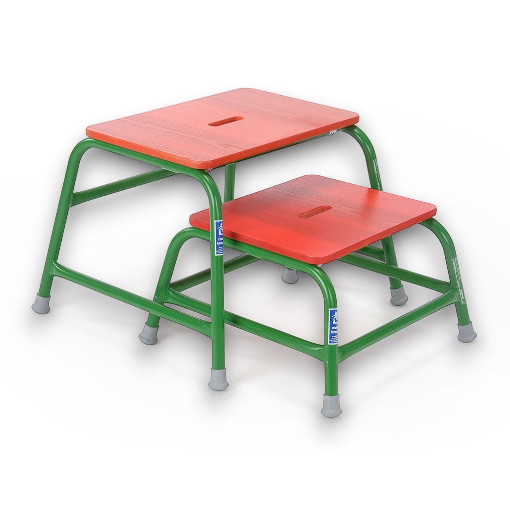 UK Gym Pits 6 piece activ agility set featuring two green tubular steel stools with red timber tops for children.