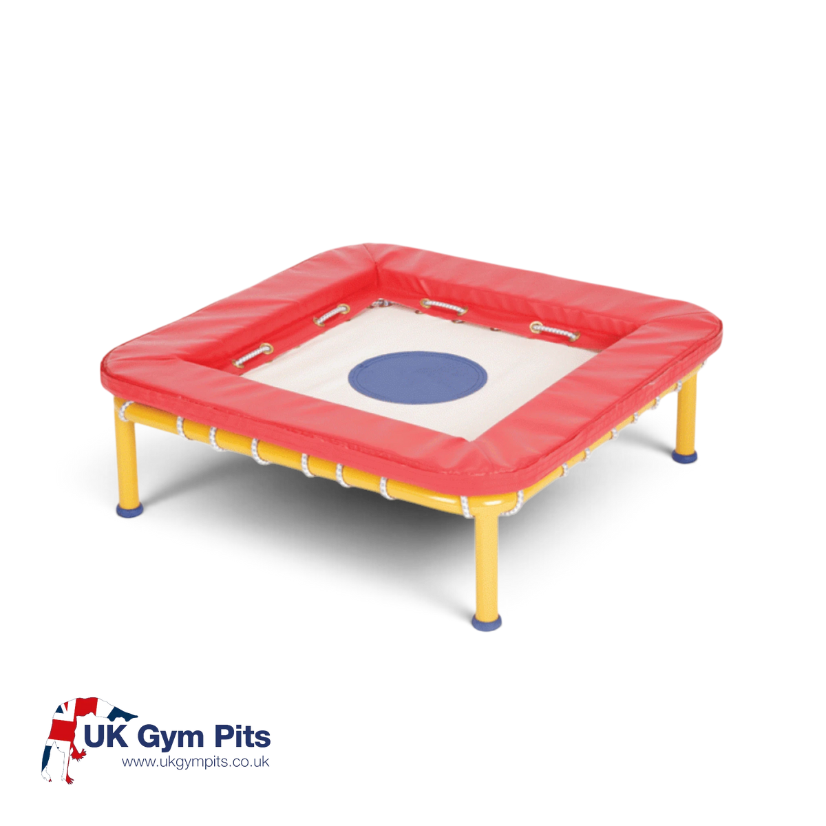UK Gym Pits Activ Bounce mini trampette with a white bed, blue center, red foam padding, and yellow steel frame.