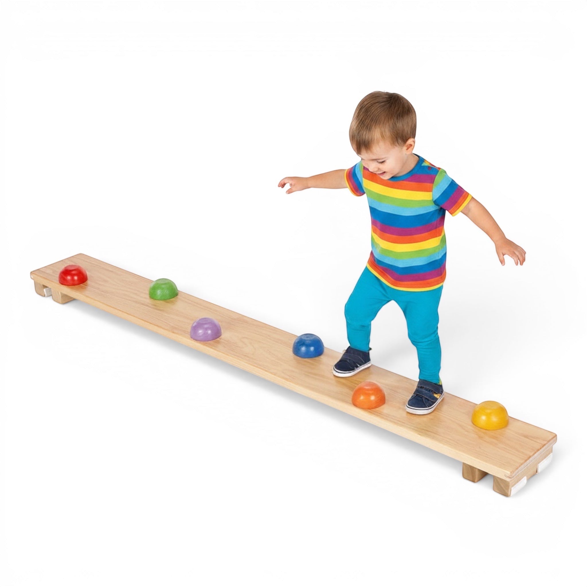 UK Gym Pits Activ Dome Plank with colourful domes being used by a child for balance training on a white background